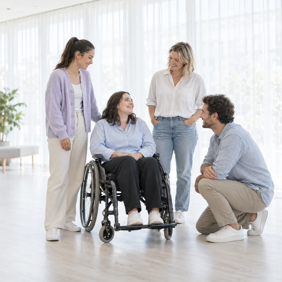 Illustrative photo of a wheelchair user talking with support people
