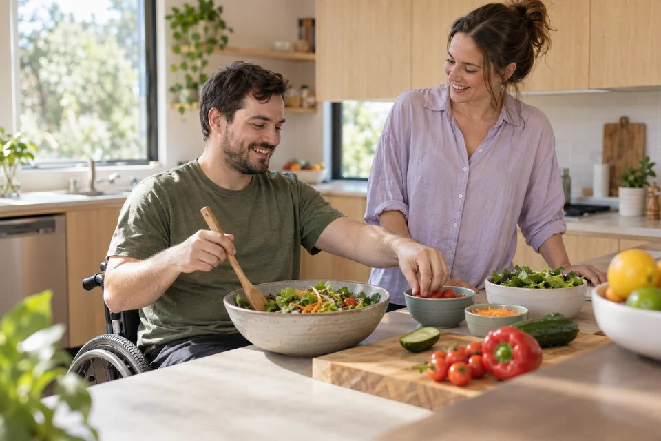 Illustrative photo of a wheelchair user preparing a salad with a support person alongside